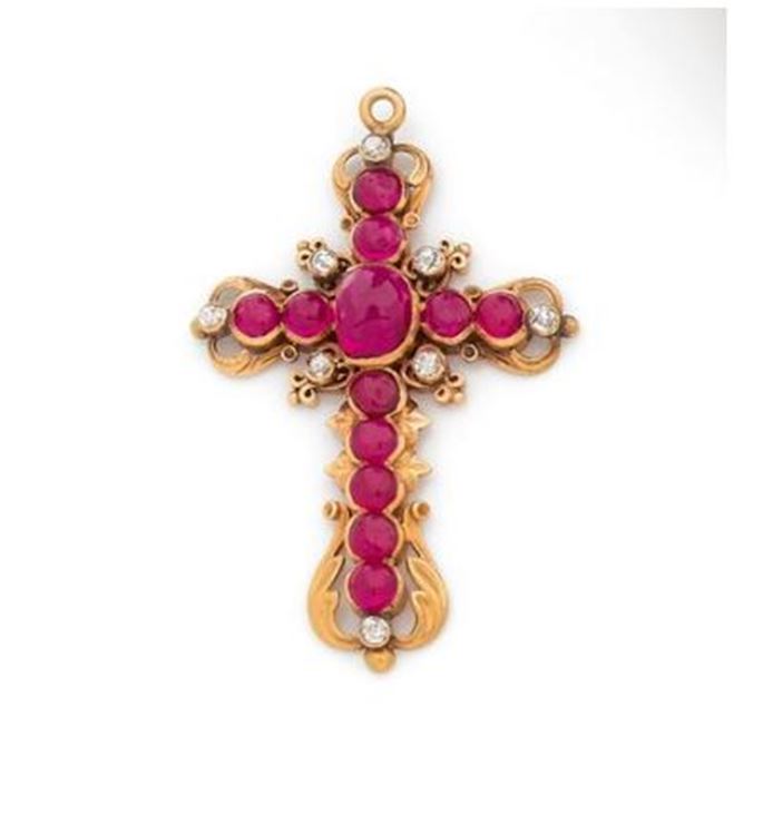 Cabochon ruby and diamond cross pendant | MasterArt